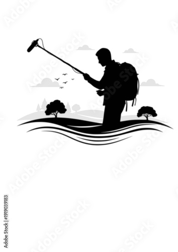 Person recording nature sounds with boom microphone acoustic ecology silhouette vector