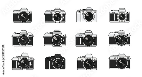 Twelve different vintage-style camera icons arranged neatly in a three-by-four grid formation