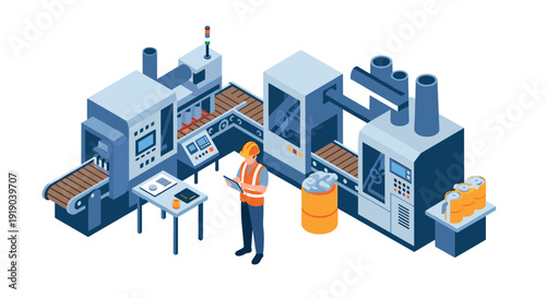 Modern factory production line with worker in safety gear