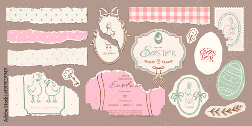 Easter vintage scrapbook elements with torn paper pieces, retro wrapping textures, postcards and postage stamp. Holiday collage vector decor set. Perfect for layered design compositions