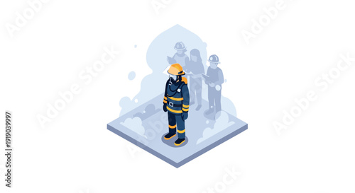 Isometric firefighter team: brave heroes in action