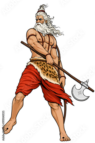 ​Ancient Indian muscular sage warrior holding an axe and leopard skin