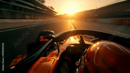 Formula 1 High-speed racing car on a professional race track during sunset.