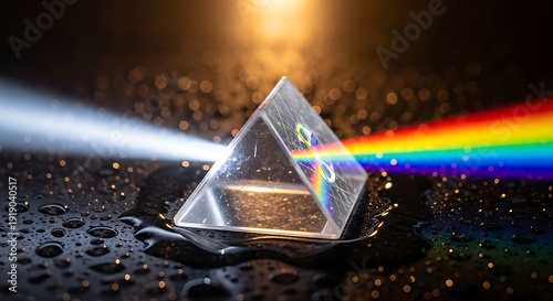 Triangular prism refracting white light into a rainbow spectrum on a wet, reflective surface
