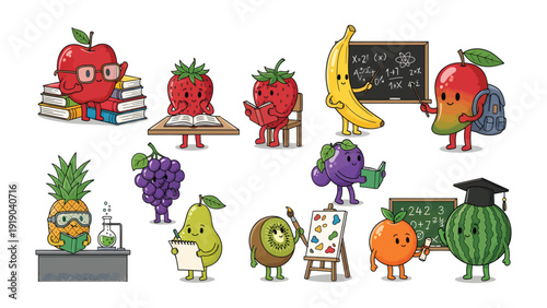 Fruitful Academy: An enchanting illustration of anthropomorphic fruits engaging in scholarly pursuits, each representing different aspects of education.
