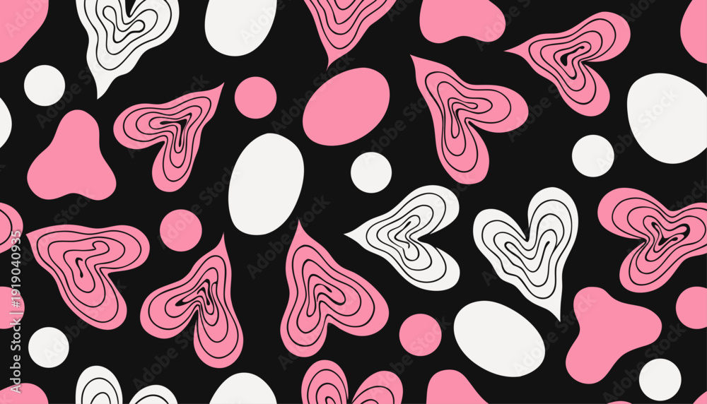 Naklejka premium Soft pink and white seamless pattern featuring scattered hearts and playful dots arranged across a wide horizontal layout, creating a romantic yet modern vector background perfect for stationery and 