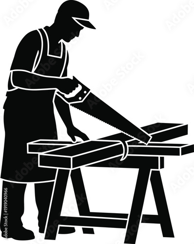 Silhouette Man using handsaw on wood piece with workbench setup