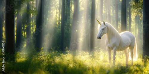 Majestic unicorn in enchanted forest at sunrise with golden sunlight streaming through trees