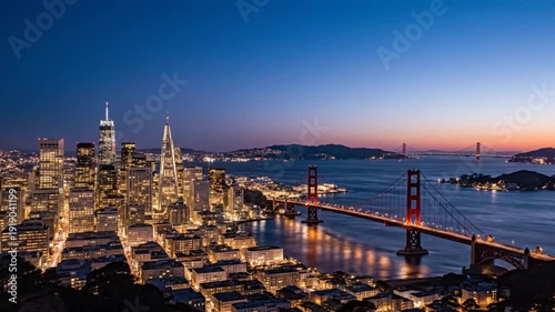 Evening view of the San Francisco skyline with the Golden Gate Bridge and the bay illuminated by city lights