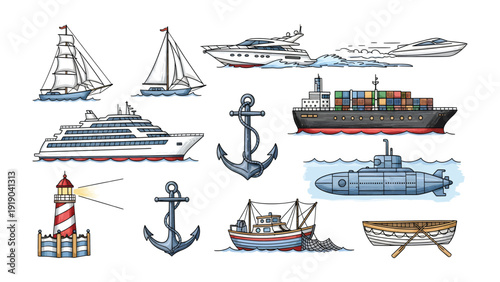 Nautical Vessels & Maritime Wonders: A captivating collection of meticulously illustrated nautical vessels, featuring a majestic sailboat, speedy motorboat, luxurious yacht, expansive cargo ship.