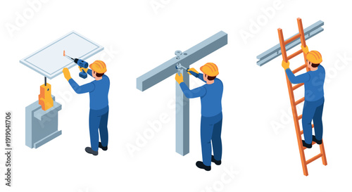 Isometric construction worker activities with tools and equipment
