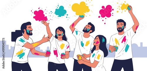 Group of diverse people celebrating with colorful powder in white t shirts and dark pants against a white background with city skyline