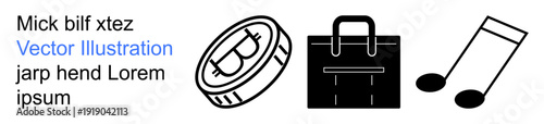Business, energy, e-commerce, shopping, music, design inspiration. Black and white graphical icons of a battery, shopping bag and music note. Business and energy concepts