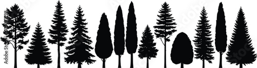 Vector illustration of diverse tree silhouettes symbolizing nature, growth, landscape, culture, education, conservation, and environmental values