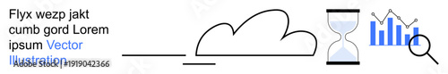 Data visualization, time tracking, cloud storage, research, digital trends, workflow optimization. Minimalistic chart, hourglass and a cloud illustration. Data visualization and time tracking