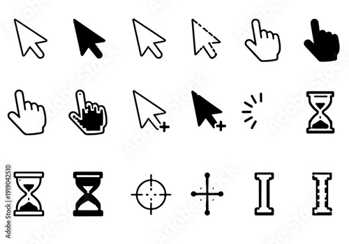 Computer mouse cursor and pointer icon collection. Includes arrow, hand, click, add, hourglass, target, and text select symbols. Created in outline and solid black style with a monochrome