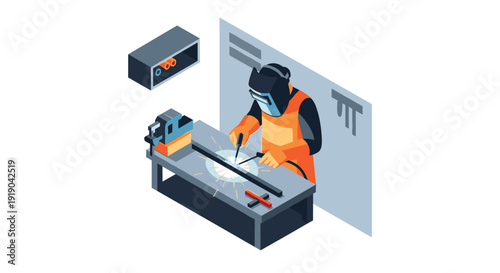 Isometric workshop scene with welder wearing safety gear and using welding machine