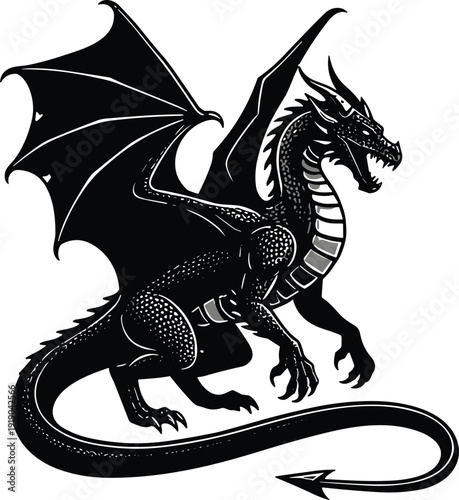 Vector illustration of dragon silhouette with wings and horns symbolizing fantasy, mythology, strength, culture, creativity, education, and artistic values