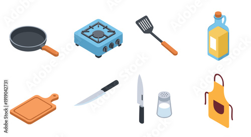 Essential kitchen utensils and tools isometric set for cooking and baking enthusiasts