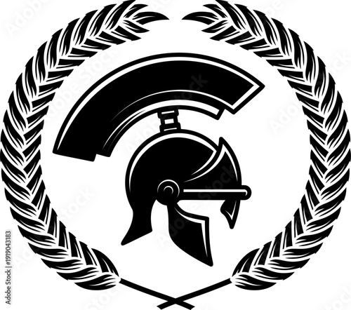 A black and white vector illustration of a Spartan or Greek warrior helmet enclosed in a laurel wreath. A powerful minimalist silhouette for sports or security logos.