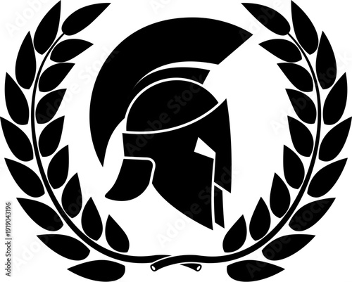 A black and white vector illustration of a Spartan or Greek warrior helmet enclosed in a laurel wreath. A powerful minimalist silhouette for sports or security logos.