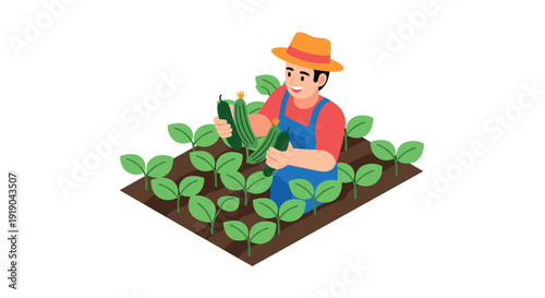 Isometric farmer harvesting cucumbers in the field