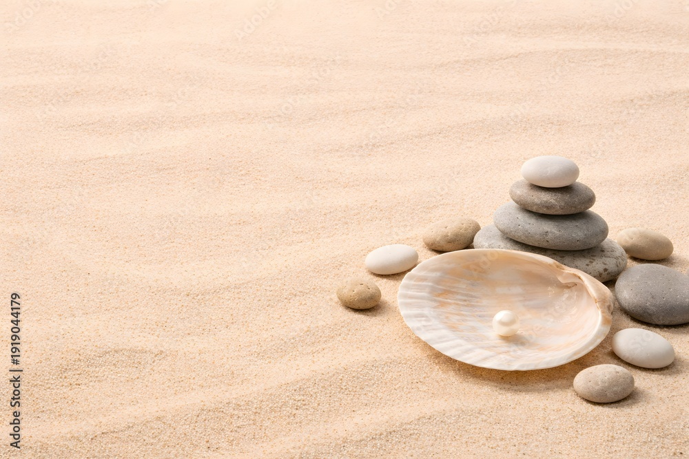 Obraz premium The scene shows stacked stones next to a large shell holding a pearl. The background features smooth sand at a beach area, typical of midday light