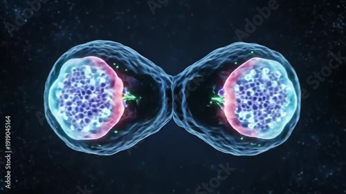 Cell division process animation of mitosis revealing chromosomes, spindle fibers, and cellular membrane separating into two daughter cells