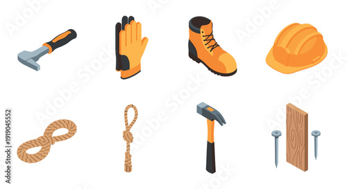 Isometric construction equipment set: tools, safety gear, and building materials icons