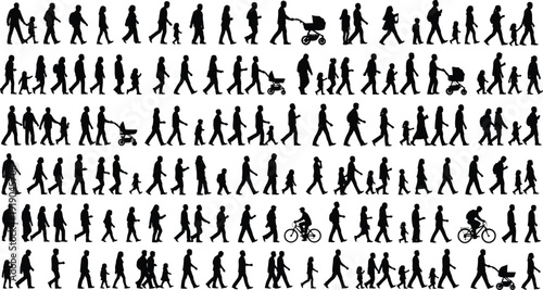 Walking people silhouette vector illustration with diverse figures, adults children strollers bicycles, urban movement artwork, public interaction background design pattern