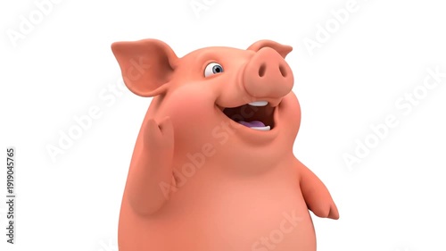 A happy cartoon pig character standing and smiling with its mouth open, appearing joyful and friendly in a 3D rendered scene.