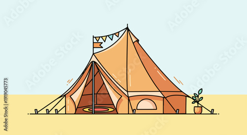 Luxury canvas tent standing alone on sandy beach decorated with small plants and flag on top serene atmosphere perfect for camping and outdoor activities