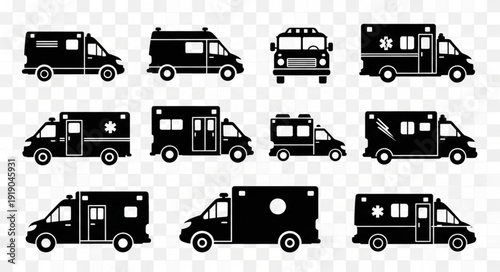 Collection of black ambulance icons on a transparent background.