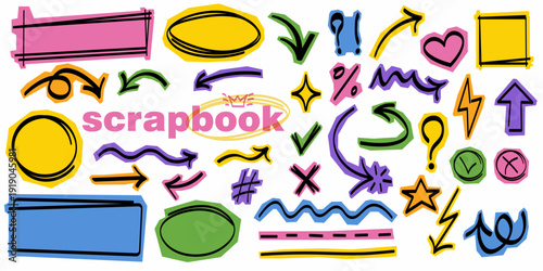 Vector scrapbooking elements: hand-drawn doodles and arrows on torn paper. A collection of random doodles and attention marks for journaling and creative design.