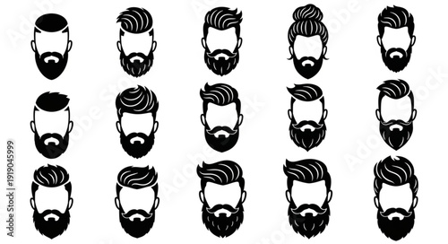Collection of diverse beard styles and hairstyles for men.