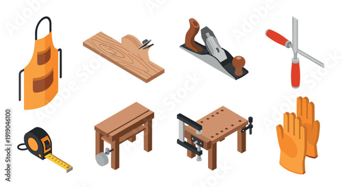 Isometric woodworking tools collection: apron, bench, plane, gloves, tape measure