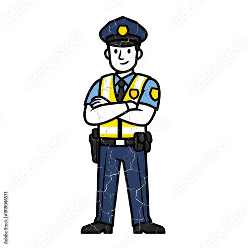 Cartoon police officer with arms crossed, safety vest, and hat