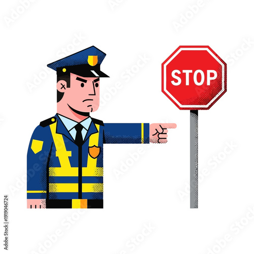 Police Officer Directing Traffic with Stop Sign