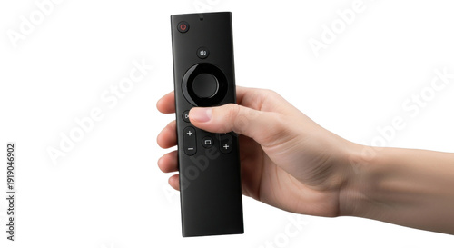 Wallpaper Mural Person's hand holding a black multimedia remote control with various buttons, including a circular navigation pad and volume controls, isolated on a clean white background. Torontodigital.ca