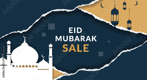 Eid Mubarak Sale Banner. Islamic Mosque and Lanterns. Torn Paper Effect.
