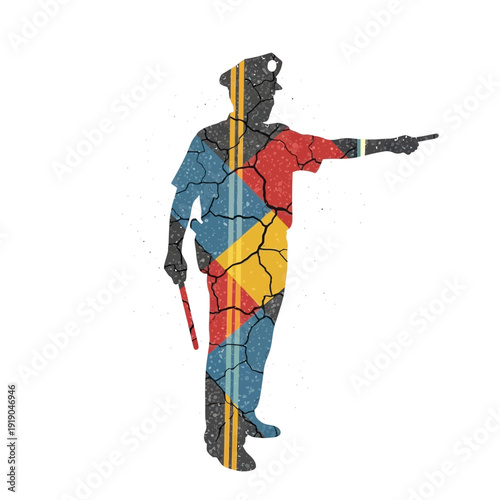 Silhouette of police officer with colorful abstract mosaic pattern and cracked texture