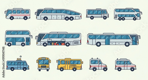 Collection of various types of buses and vans.