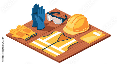 Safety gear essentials on wooden surface in isometric view for workplace protection
