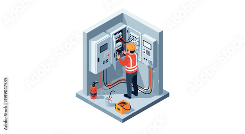 Electrician working on control panel in isometric style for industrial safety and maintenance themes