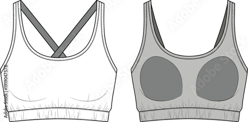 Sports bra technical illustration, front and back view, scoop neckline, wide straps, crisscross back, elastic band, supportive lining, garment construction, fashion design