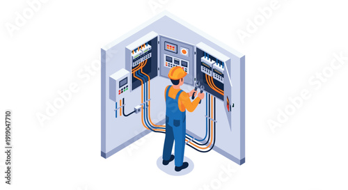 Electrician wiring control panel in isometric style for industrial and technical concepts
