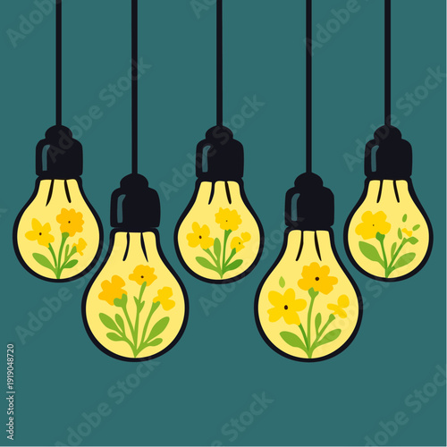yellow light bulbs. Hanging lightbulbs with glowing spring wildflower filaments eco concept vector