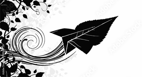 Leaf transformed into a paper airplane soaring through swirling lines, symbolizing nature's journey.