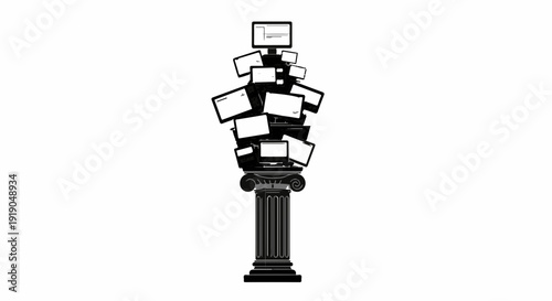 A towering monument of screens and technology, symbolizing information overload.