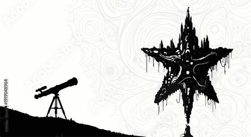 Silhouette of a telescope pointing towards a stylized, glowing star against a textured background.